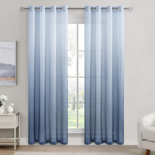 DWCN Voile Curtain Blue Gradient Curtains for Living Room Net Curtains for Windows Sheer Bedroom Crurtains Eyelet Set of 2, 55 x 84 Inches