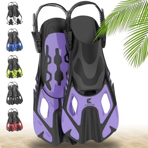 Khroom Schnorchelflossen verstellbar für Kinder Damen Herren | Kurze Tauchflossen & Flippers zum Schnorcheln Schwimmen Tauchen | leichte Schwimmflossen für Urlaub & Pool (Lila 32-36)