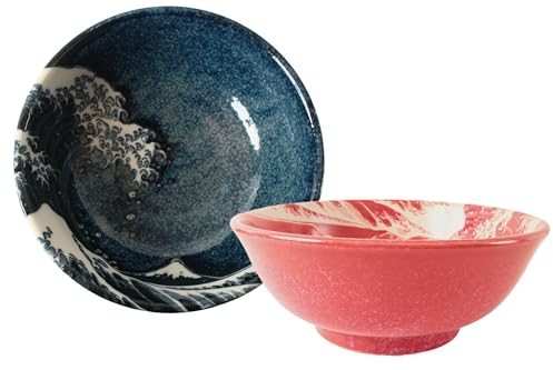 Mino ware Japanese Pottery Pair Ramen Noodle Donburi Bowl Mt.Fuji & Big Wave (set of two) made in Japan AKG001 (1 x Blue, 1 x Red)