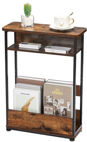 YEAKOO Narrow Side Table for Narrow and Small Spaces, Skinny Bedside Table Small Nightstand with Magazine Rack Space Saving (Rustic Brown, M)