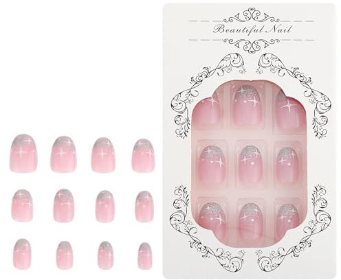 Ouligay 24Pcs Stick on Nails for Women Short False Nails Press on Nails Almond Fake Nails Glitter Pink Short Nails for Nail Art Accessories