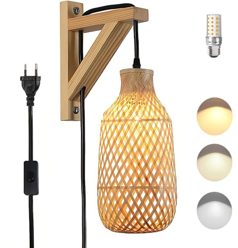 LED Holz Wandleuchte Innen mit Stecker Rattan Bambus Dimmbare Wandlampe Up Down Licht 3000K/4500K/6000K E27 Nachttischlampe für Wohnzimmer Schlafzimmer Flur Treppe Hotel Innenbeleuchtung