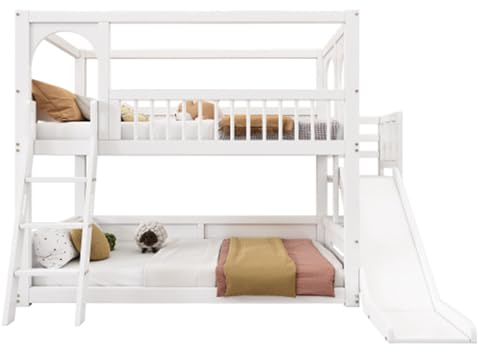 DaMga Kinderbett Etagenbett 90x200cm für 2 Kinder,Hochbett mit Leitern und Rutschen,Hausbett Holzbett mit Regalen Stauraum,Bettgestell mit Rausfallschutz und Lattenrost,Ohne Matratze,Weiß