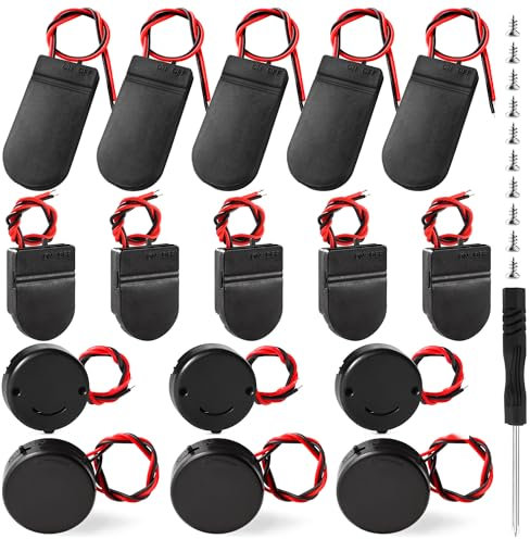 KUOQIY 16 PCS 3V Button Coin Cell Battery Socket Case Box Kit, CR2032 Battery Holder with Wire Lead Switch, Coin Cell Switch Battery Holder, with Screwdriver and Screws, Black