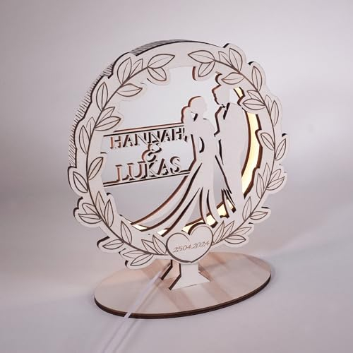 Namofactur Tischlampe aus Pappelsperrholz 6mm – mit individueller Gravur, Hochzeitspaar Motiv, USB-Betrieb, Personalisiert mit Hochzeitsdatum, Hochzeitsgeschenk