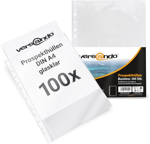 versando 100x A4 Prospekthüllen Business mit Heftrand Klarsichthüllen glasklar transparent 60my (1x 100 Stück)