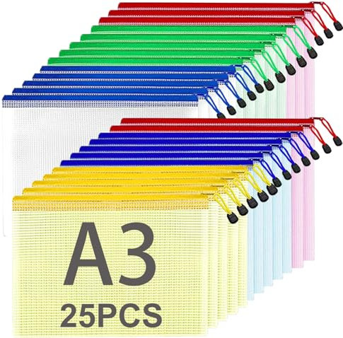 ASelected 25 Stücke Dokumententasche A3 Reißverschluss, 5 Farbe Mesh Kunststoff Reißverschlusstasche A3, Zipper Taschen für Datei, Dokumente, Hausaufgaben, Reisezubehör