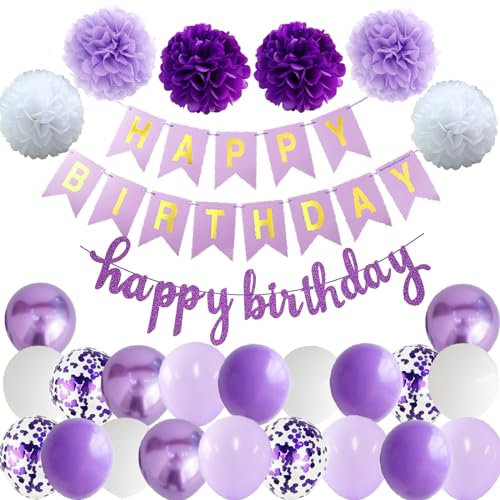 Happy Birthday Violett Geburtstag Party Deko Set Geburtstag Girlande Luftballons Lila Ballons 6 Pompoms Geburtstagsdeko Mädchen