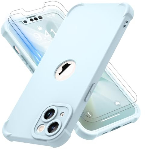 ORETECH for iPhone 13 Case, with [2 Pack Tempered Glass Screen Protector] [Camera Lens Guard] [15FT Military Grade Drop Test] 360° Shockproof Slim Fit Rubber Bumper Phone Cover - Baby Blue