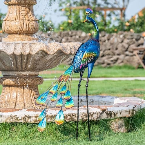 TERESA'S COLLECTIONS Gartendeko für draußen, 61cm große Gartenstatue, Pfau, aus Metall, Skulpturen, stehend, für drinnen und draußen, für Dekoration von Rasen, Terrasse,Geschenke für Frauen(M)