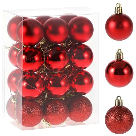 RELONGGI Christmas Tree Baubles, 24pcs 4cm Pre-Strung Baubles, 3 Style Shatterproof Ornaments for Birthday, Halloween, Holiday, Wedding, Christmas Tree Decorations (Red, Small)