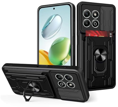 carinacoco Case for HONOR 200 Smart 5G, with Slide Camera Cover+Rotating Finger Ring Stand+Removable Card Holder, Soft TPU+Hard PC Anti-Scratch Military Grade Shockproof Rugged Armour Cover, Black