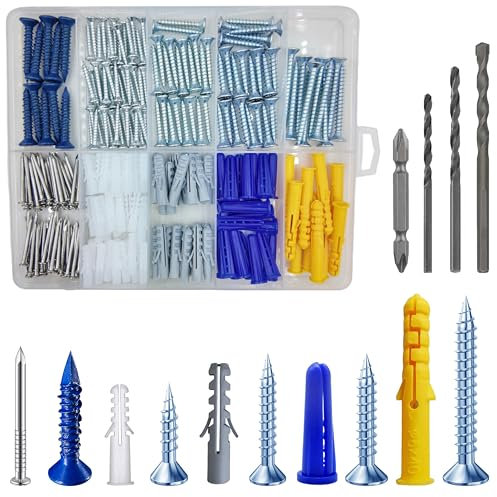 Wensilon Kit di tasselli in plastica per cartongesso con viti, kit di viti per calcestruzzo Set di ancoraggio da parete adatto per pareti in mattoni e cemento (274 pezzi)