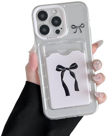 DEFBSC Case for iPhone 14 Pro, Transparent Back Card Holder Cute Bowknot Pattern Raised Camera Protection Slim Soft TPU Shockproof Clear Back Card Slot Phone Cover - Black Bow/Frame