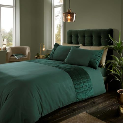 Lions Dark Green Bedding - Crushed Velvet Panel Duvet Cover Set, Double Bed Size (200 x 200cm) with Matching Pillowcase, 3 Piece Quilt Covers, Super Soft Touch Luxury Bedding Sets