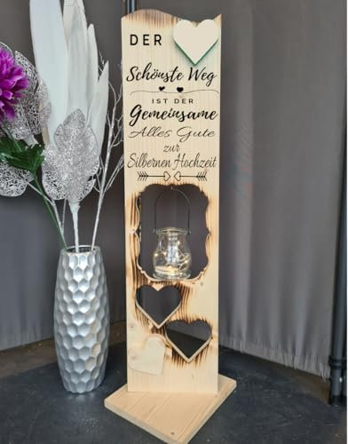 Holzaufsteller zur Silberhochzeit 2 Herzen geflammt, Holz Deko Schild Holzschild Eingangsschild mit Windlicht aus Glas, Der schönste Weg ist der Gemeinsame