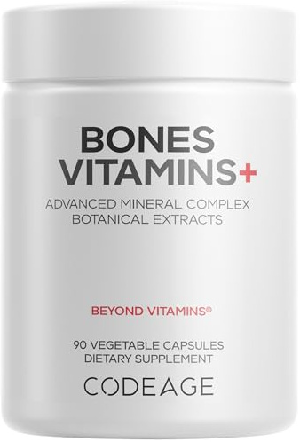 Codeage Bones Vitamins+ - Vitamin D3 & K2, Vitamin C, Calcium, Magnesium, Zinc, Hesperidin, L-Lysine, Manganese, Bamboo, Horsetail, Cissus, Boron, Trans-Resveratrol, Non-GMO Supplement - 90 Capsules