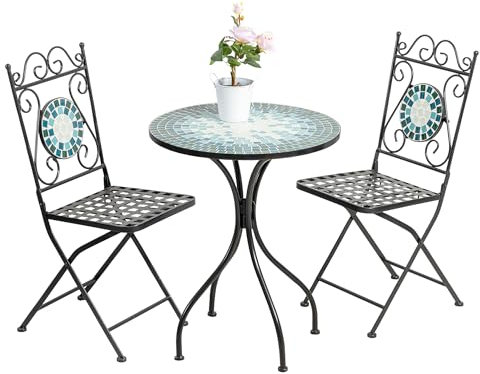 IlGruppone Tavolino + 2 Sedie Set Bistrot Terrazzo Giardino Mosaico Ceramica Interno Esterno Pieghevoli Salvaspazio Patio Casa Arredo Estivo Trattamento Antiruggine Waterproof - MOD-Messina