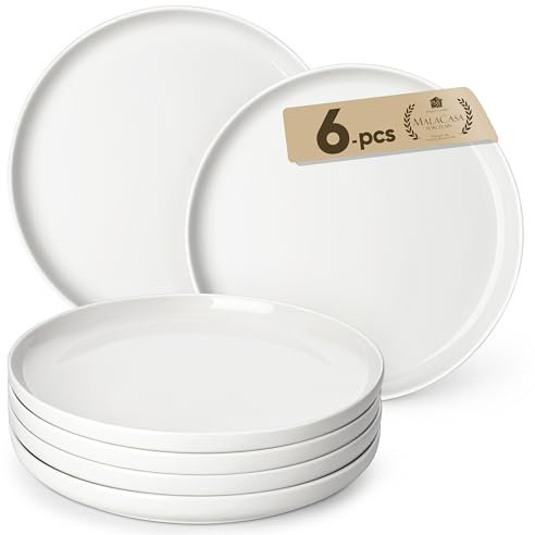 MALACASA Platos Llanos Blancos para 6 Personas, 26CM Grande Juego de Platos de Porcelana para Ensalada, Tarta, Pasta, Pastel - Serie LUNA