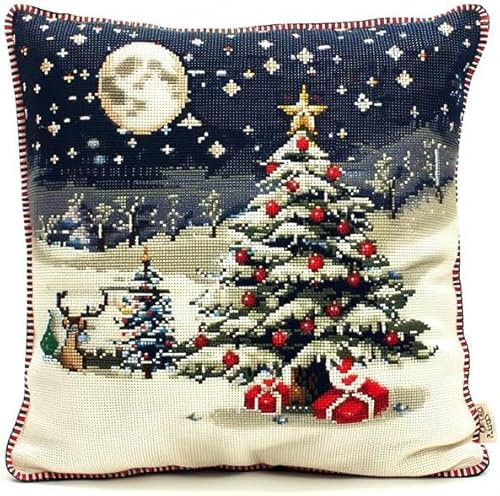 Rqwybcaxn Latch Hook Kit Cushion for Adults,Moon and Christmas Tree DIY Craft Latch Hook Rug Kits Embroidery Latch Hook Pillow Cover Kit for Christmas/Gifts,17X17Inch