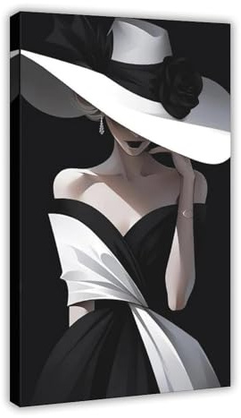 Leinwand-Poster, elegante Frau im schwarzen Kleid mit weißem Hut und Rose, Wandkunstdruck, Bild, Gemälde, 20 x 30 cm