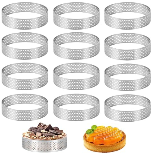 Tartelettformar, 12 stycken dessertringar 8 cm med hål, rostfria tartlettformar med ventilationshål, 8 cm tårtringar, dessertmousse ring med hål, för tillverkning av kakor
