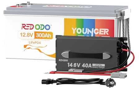 Redodo Batterie LiFePO4 12V 300Ah + 12V 40A Chargeur BMS 200A Intégré Grande Capacité 3840Wh Recharge Rapide en 7,5 Heures Parfaite pour Systèmes Solaires Domestiques Hors Réseau Camping-Cars