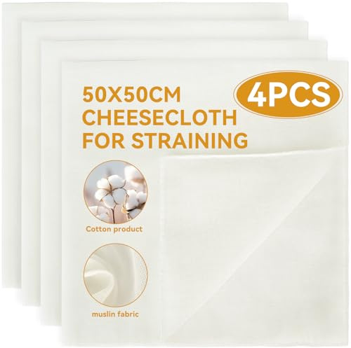 4 PCS Cheesecloths for Straining, 50 x 50 cm Reusable and Washable Fine Muslin Cloths for Cooking, Cheesecloth for Filtering Nut Milk, Butter, Juice and Tea