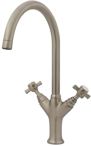 Sequel Brushed Nickel Kitchen Mixer Tap | Dual Cross Handles | Swivel Spout | Brushed Nickel Finish | Dual Cross Handles | Traditional High Swivel Spout | Easy to Fit