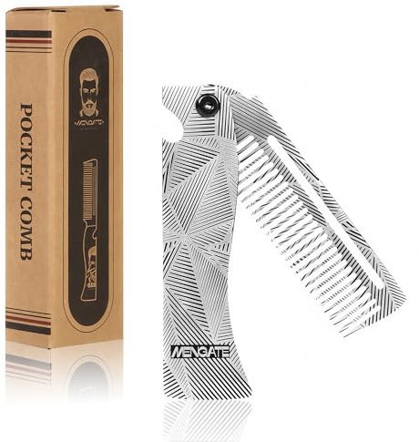 Men's Metal Folding Pocket Beard & Mustache Comb, EDC Knife Comb with Bottle Opener for Outdool Travel - Anti-Static for Hair Styling Pompadour, Slicked-back, Fauxhawk, Undercut