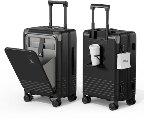DTA Nova Top Opening Expandable Lightweight PC Hard Shell Suitcase, 20 Inch Carry On Luggage with TSA Lock, 360 Silent Spinner Wheels, Cup Holder, Ideal for Business Travel, Black, Carry-On 20-Inch
