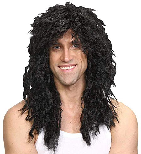 Wicked Costumes Long Black Curly Rock Star Wig for Men, 80s Fancy Dress | Long black curly rock-star wig for 1980s musicians, heavy-metal singers, Halloween and adult fancy dress costumes.
