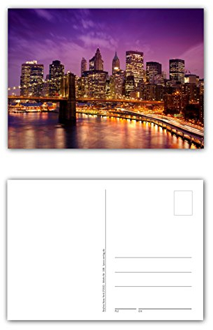12 Stück Postkarten New York City Skyline im Sonnenuntergang mit der Brooklyn Bridge über den East River im Vordergrund Format: DIN A6 / 105 x 148 mm (PKT-108)