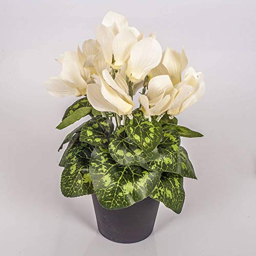 artplants.de Kunstblume Alpenveilchen im Topf, 12 Blüten, Creme, 25cm - Mini Kunstblumen - Dekoblumen klein