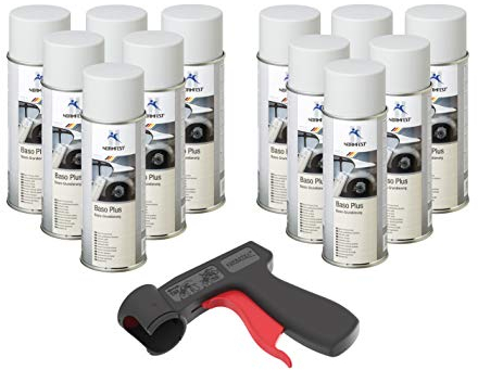 AUPROTEC Pistolengriff + Normfest Grundierung Haftgrund Füller Baso+ Lack Rostschutzgrundierung Spray grau 12x 400ml