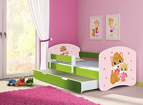 CLAMARO 'Fantasia Grün' 180 x 80 Kinderbett Set inkl. Matratze, Lattenrost und mit Bettkasten Schublade, mit verstellbarem Rausfallschutz und Kantenschutzleisten, Design: 33 Kätzchen