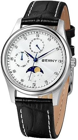 BERNY Multifunktions-Damenuhr, Echtlederband, Mondphase & Kalenderwoche, 3 ATM Wasserdicht
