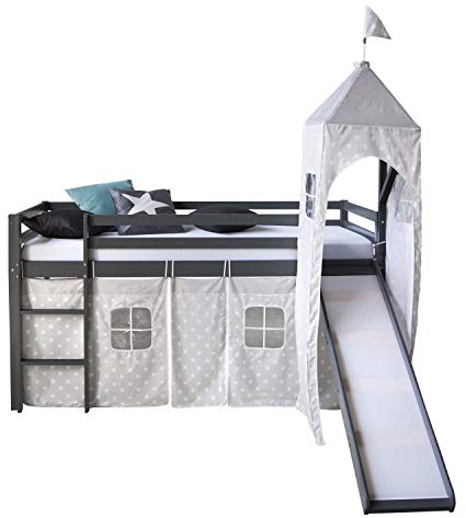Homestyle4u 1873, Kinderbett 90x200 Grau Hochbett mit Treppe und Rutsche Turm Vorhang Sterne Holz Kiefer