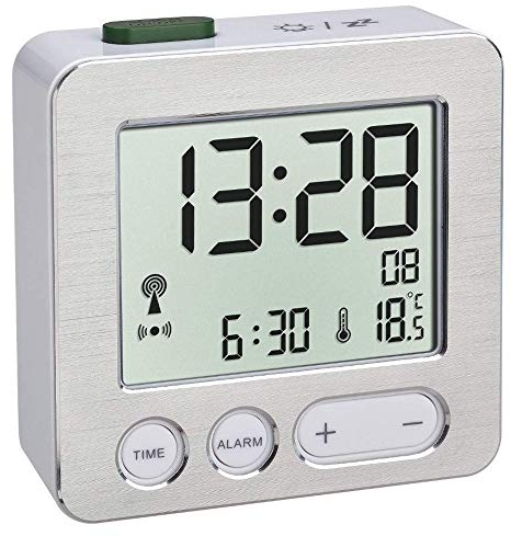 TFA Dostmann 60.2545 digitaler Funkwecker (weiß-Aluminium mit Batterien)