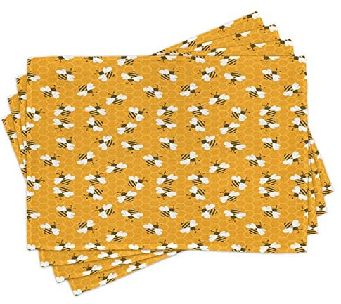 ABAKUHAUS Biene Platzmatten, Bumble Bees Producing Honig durch Füllung Wabenzellen Themed Graphic Image Print, Waschbare Stoff Esszimmer Küche Tischdekorations Digitaldruck, Senf Gelb