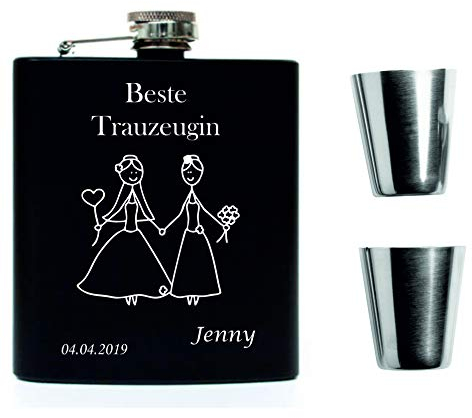 Edelstahl Flachmann inkl. Gravur - Bester Trauzeuge - Beste Trauzeugin - Best Man - Best Bridemaid - Schnapsgläser Einfülltrichter - Personalisierbar mit Name (Beste Trauzeugin schwarz)