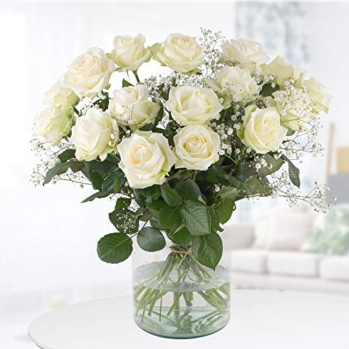 Weiße Rosen mit Schleierkraut - Premium-Rosen (60cm), Rosenstrauß XXL mit 7-Tage-Frische-Garantie, handgebunden von Floristen, Blumenstrauß mit weißen Rosen versenden, Blumenversand