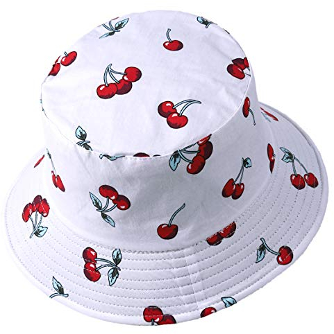 Damen Obst Drucken Reversibel Eimer Hüte Herren Sonne Fischer Draußen Mütze (Kirsche-Weiß)
