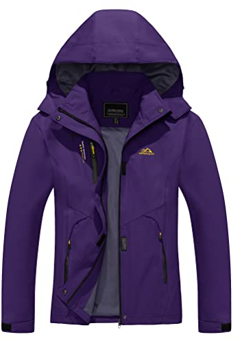 KEFITEVD Giacca da trekking all'aperto per donna giacca a vento con cappuccio primavera autunno 3 tasche giacche leggere, Viola scuro, L