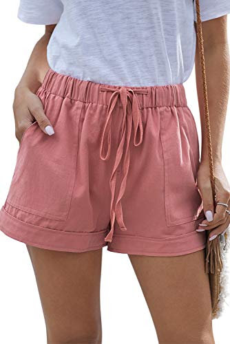 HVEPUO Donna Cotone Lino Pantaloncini Corti con Tasche Vita Bassa Pantaloni Ragazza Corti Linen & Cotton Casual Short Donna Estivi Rosa polverosa S
