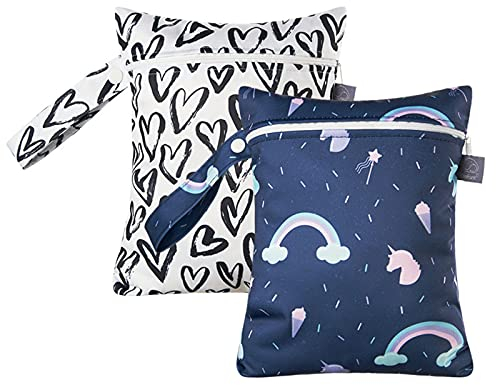 Happy Cherry 2 Stück Windelbeutel Klein Wasserdicht Wet Bag Set Nasstasche Stoffwindeln Nass und Trocken Windeltasche für Unterwegs Kindergarten Dunkelblau