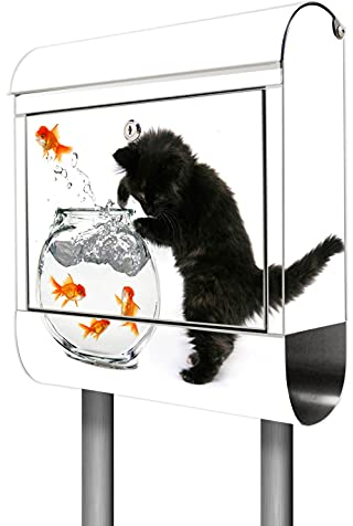 banjado® Briefkasten mit Standfuß Motiv Katze Und Fisch - Stand Briefkasten Edelstahl mit Zeitungsfach - Postbox/Postkasten A4 Einwurf inkl. Montagematerial & 2 Schlüssel