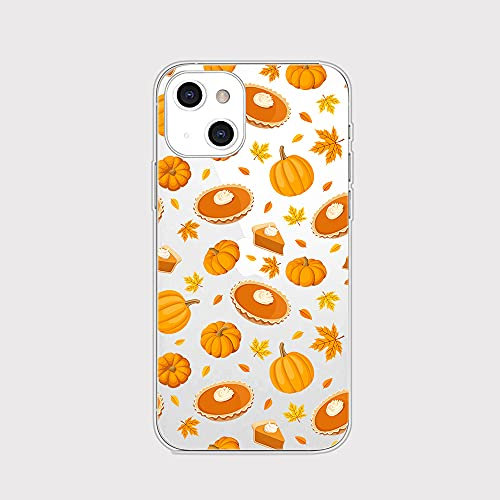 Blingy's for iPhone 13 Case (6.1 inch), Fun Fall Pumpkin Design with Leaves Pattern Cute Autumn Style Transparent Soft TPU Protective Clear Case (Pumpkin Pie)