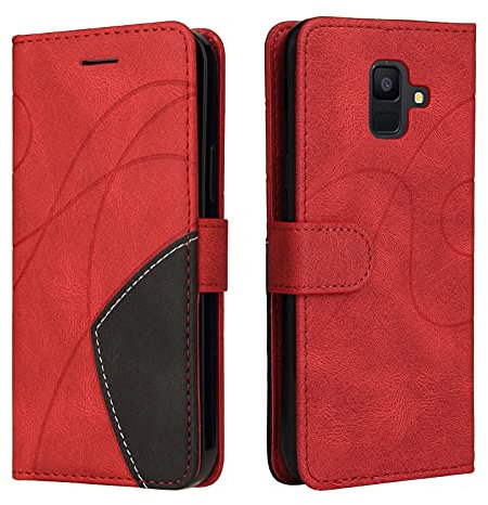 Fatcatparadise Kompatibel mit Samsung Galaxy A6 2018 Hülle, Leder PU Brieftasche Handyhülle Flip Case Silikon Bumper Schutzhülle Klapphülle. Lederhülle mit Kartenfächern und Standfunktion (Rot)