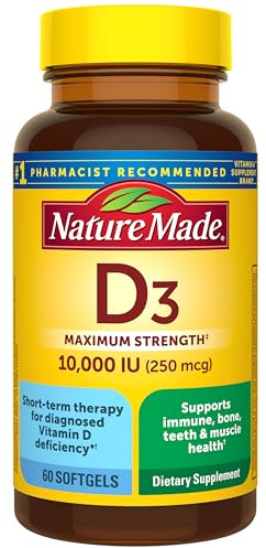 Nature Made Vitamin D3 10000 IU (250 mcg) Maximum Strength, Vitamin D Supplement for Bone and Immune Health Support, 60 Softgels, 60 Day Supply